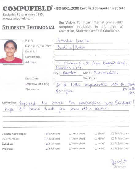 Compufield computer institute courses, in ms office student review