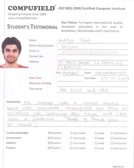 Compufield computer institute courses, in advance excel student review