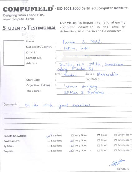 Compufield computer institute course in interior designing student review