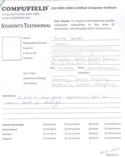 Compufield computer institute courses, in interior  designing student review