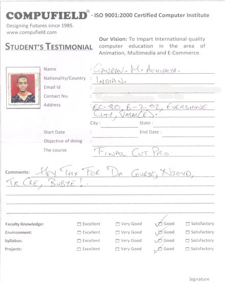 Compufield computer institute course, in final cut pro student review