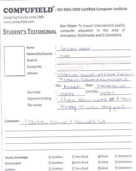 Compufield computer institute course in ms word student review