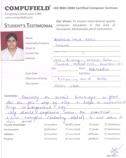 Compufield computer institute courses, in excel vba student review