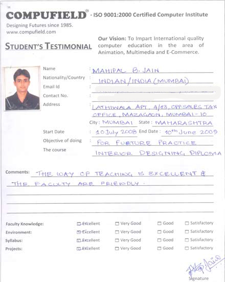 Compufield computer institute course in interior designing student review
