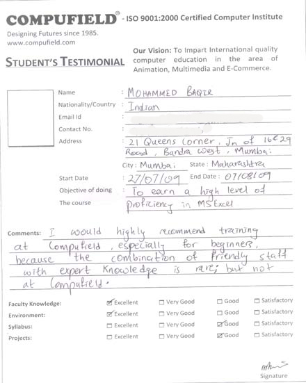 Compufield computer institute courses, in ms excel student review