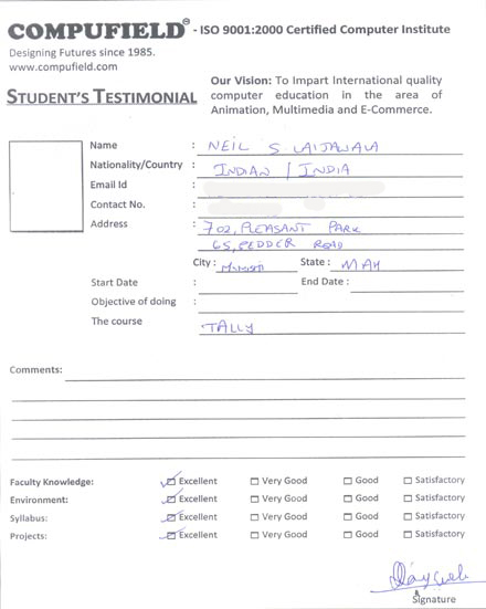 Compufield computer institute course, in tally course student  review