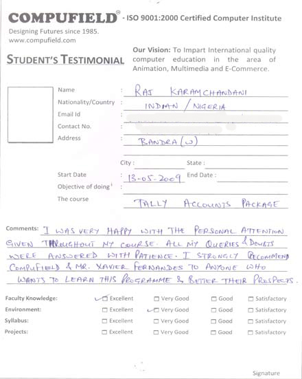 Compufield computer institute course, in tally accounting student review