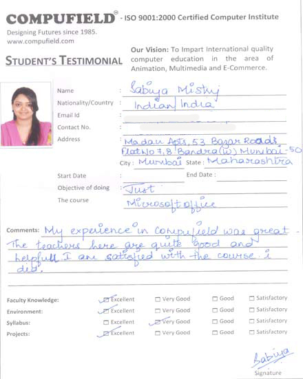 Compufield computer institute courses, in ms office student review