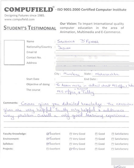 Compufield computer institute courses, in tally accounting student review