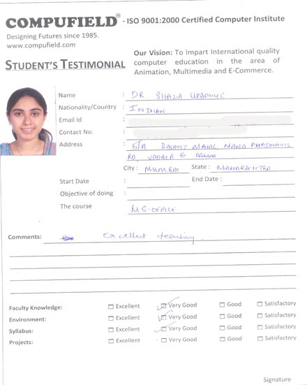 Compufield computer institute courses, in ms office course student review