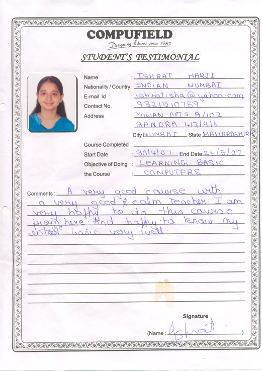 Compufield computer institute course in affice automation student review